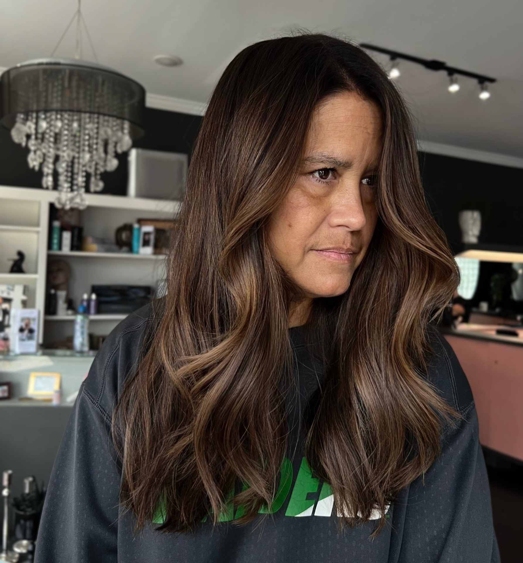 Rich brunette balayage with soft caramel dimension by Mill & Mane, Tipp City