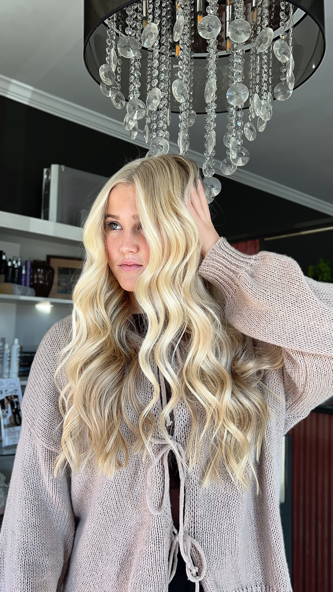 Dimensional blonde balayage with soft waves styled at Mill & Mane Hair Co., Tipp City