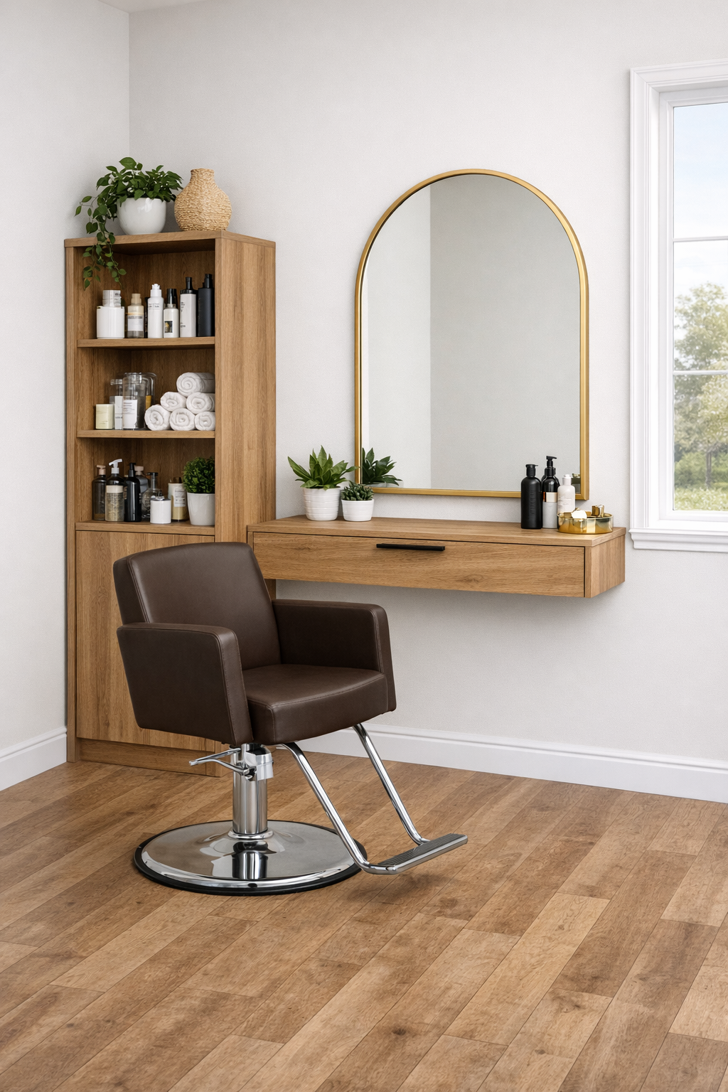 Modern salon station with wooden floating desk, gold arched mirror, and brown leather styling chair