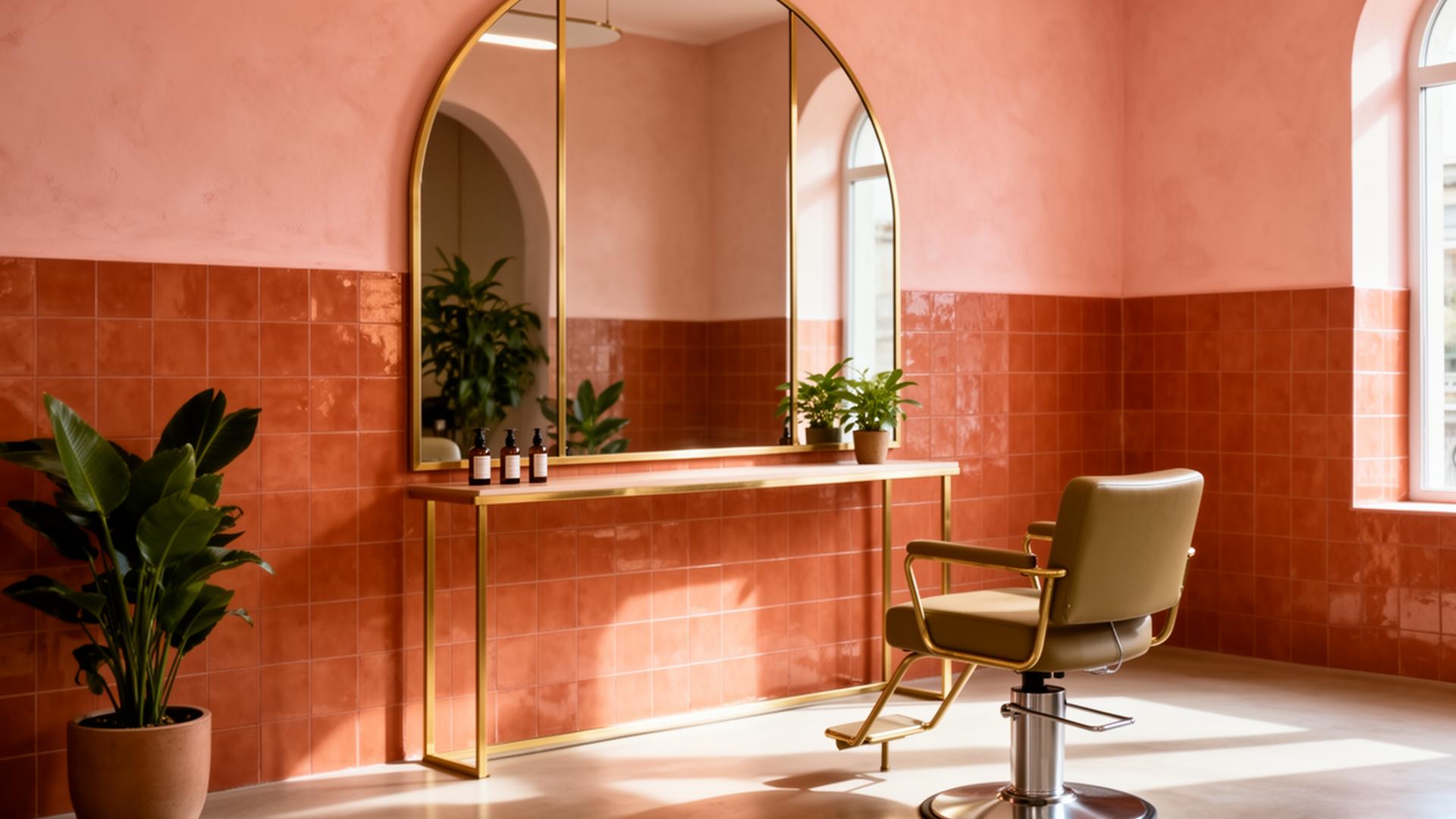 Mill & Mane Hair Co. salon interior with terracotta tile and arched mirror